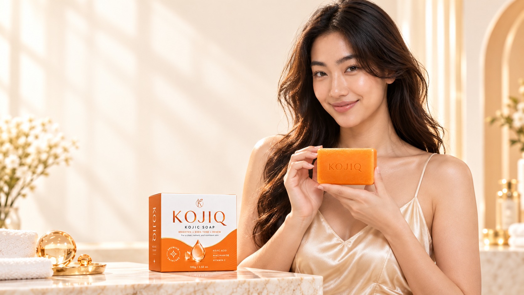 Front facing KOJIQ model holding the orange soap in a bright cream and gold studio