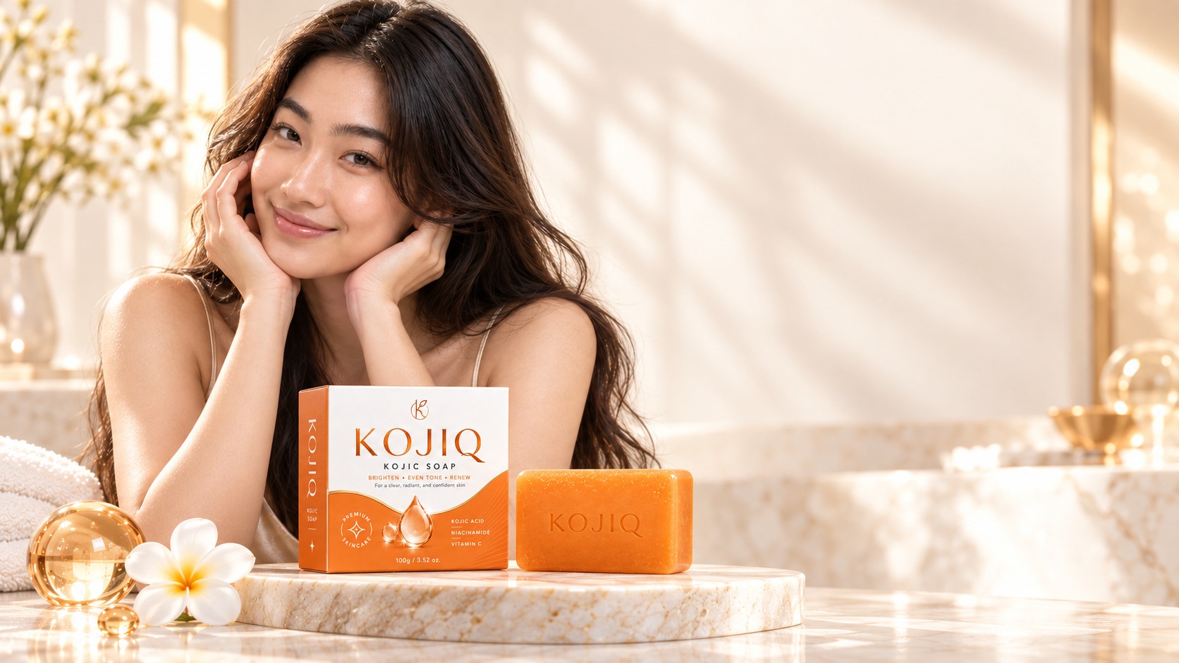 Front facing KOJIQ model framing her face beside the soap and packaging