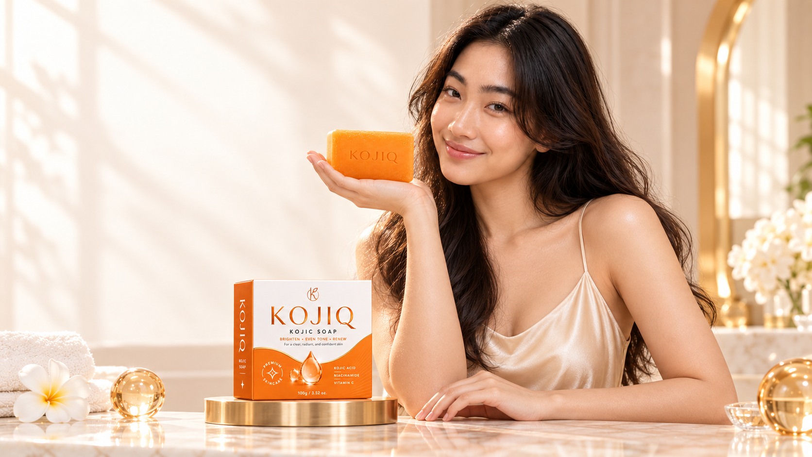 Front facing KOJIQ model presenting the orange soap beside its packaging
