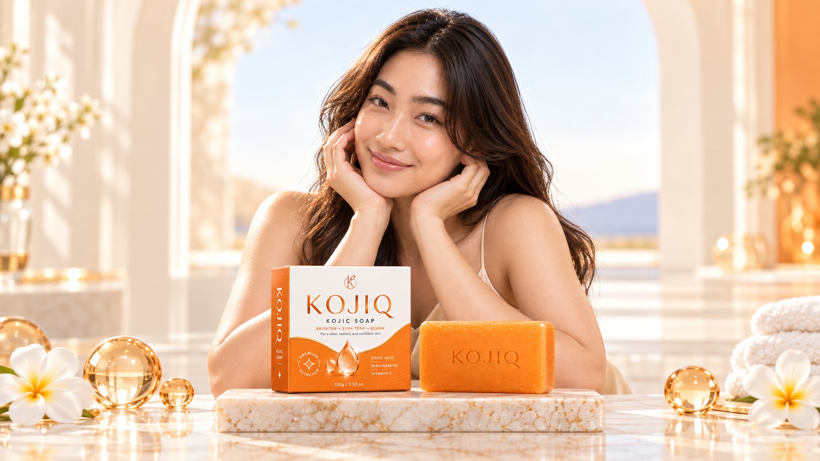 Symmetrical front-facing KOJIQ beauty portrait with product displayed on a marble pedestal