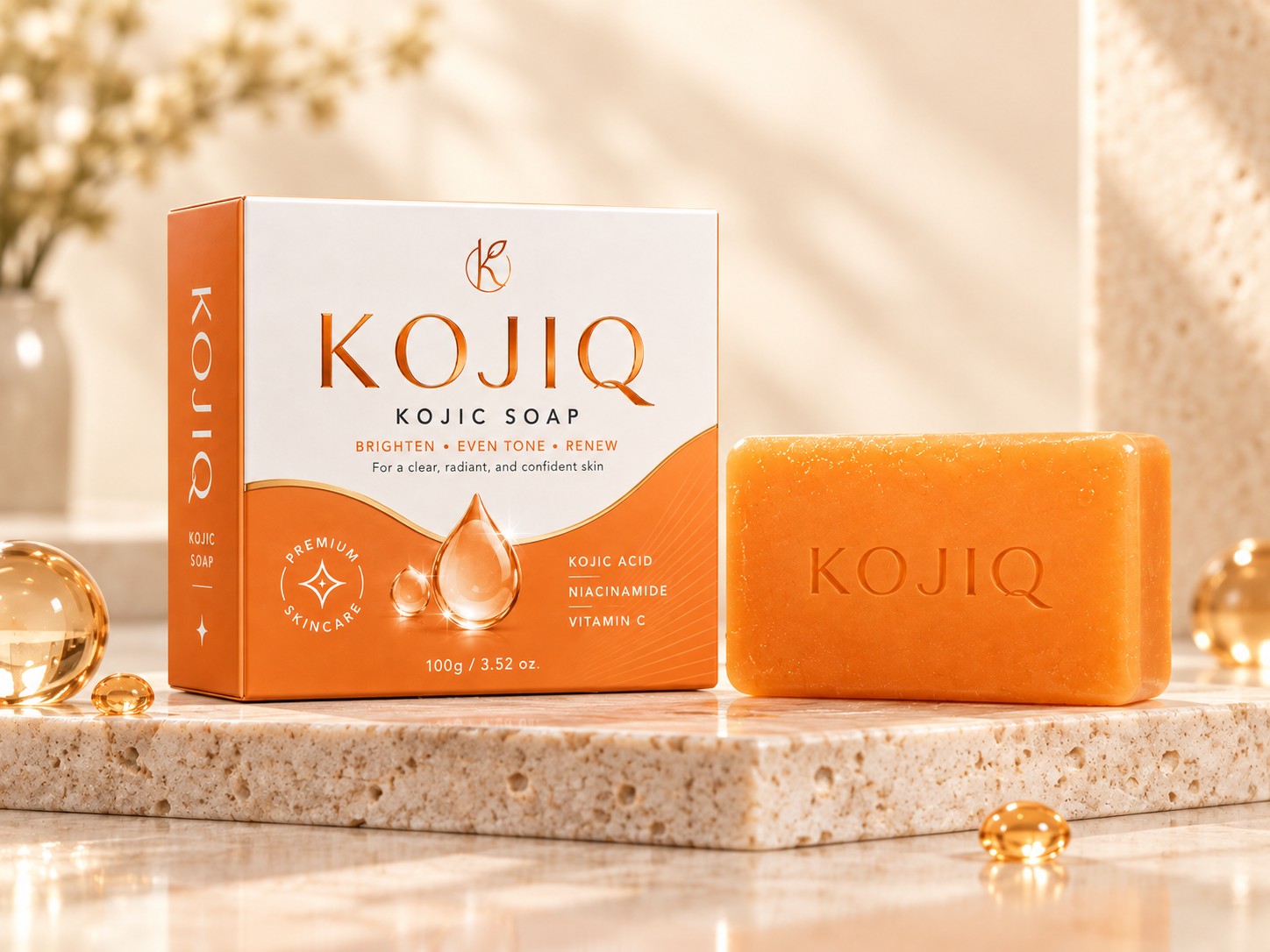 KOJIQ Kojic Soap box and orange soap bar on a warm travertine pedestal