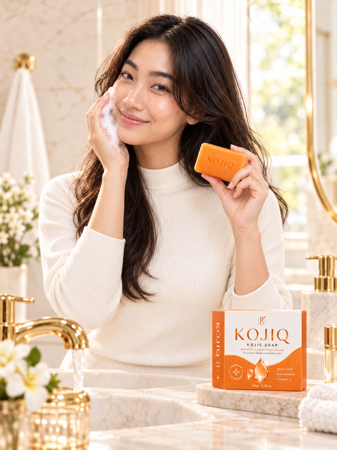 Front facing KOJIQ model demonstrating a gentle facial cleansing ritual with the orange soap