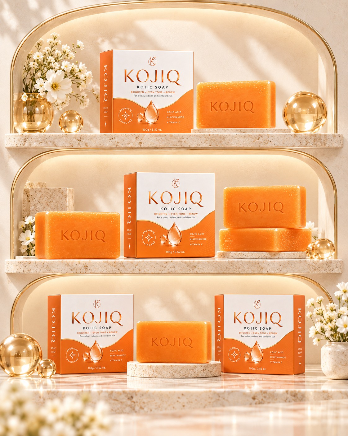 KOJIQ Kojic Soap products arranged on illuminated ivory and gold shelves